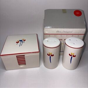 Vintage Tulips Design Salt & Pepper Shakers & Drink Coasters Rica Designs 1980’s